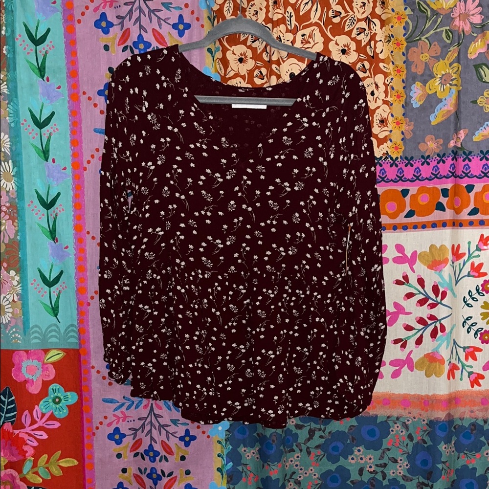 LUCKY BRAND Boho Maroon Blouse With White Florals Size XS